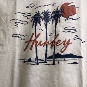 Hurley white graphic tee men’s Large palm trees orange blue 100% cotton
